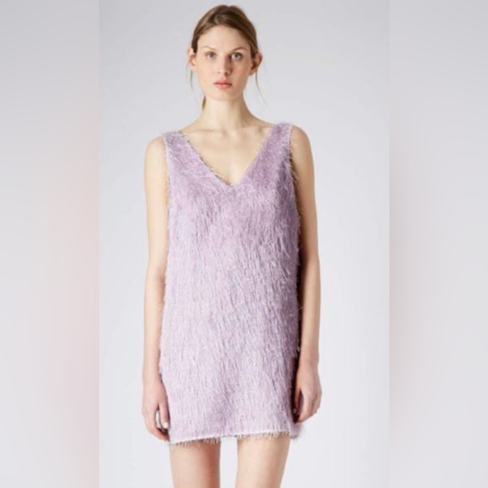 TOPSHOP Lilac Metallic Fuzzy Fringe Deep Plunging V-Back Mini‎ Slip Dress Size 6